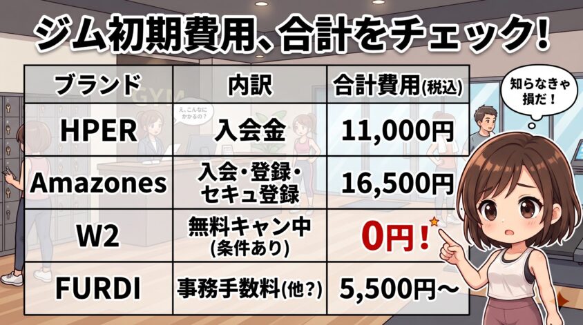 初期費用の別表(入会金・事務手数料など)