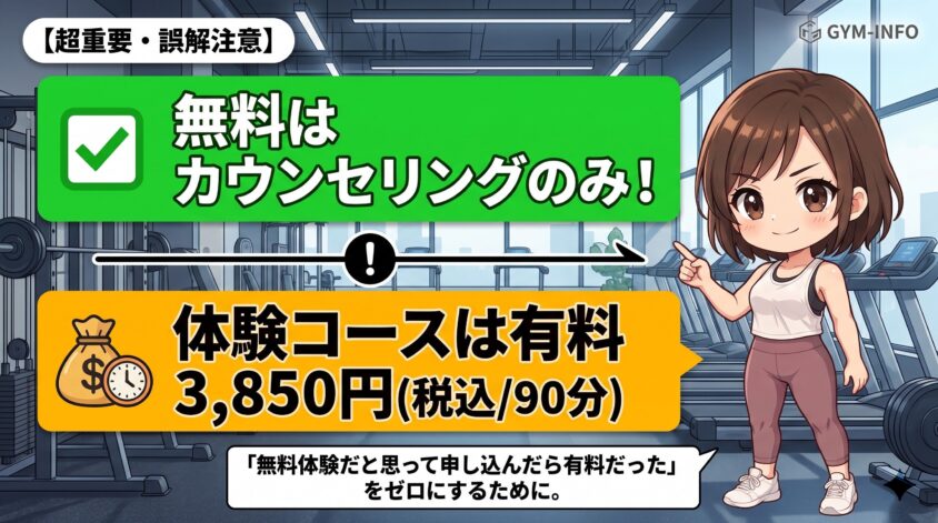 無料なのは「カウンセリング」だけ。体験は税込3,850円(90分)