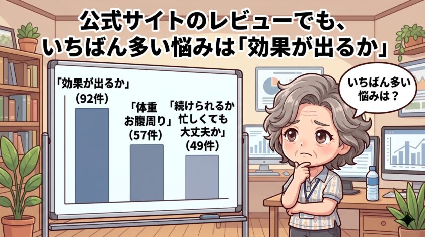 公式サイトのレビューでも、いちばん多い悩みは「効果が出るか」