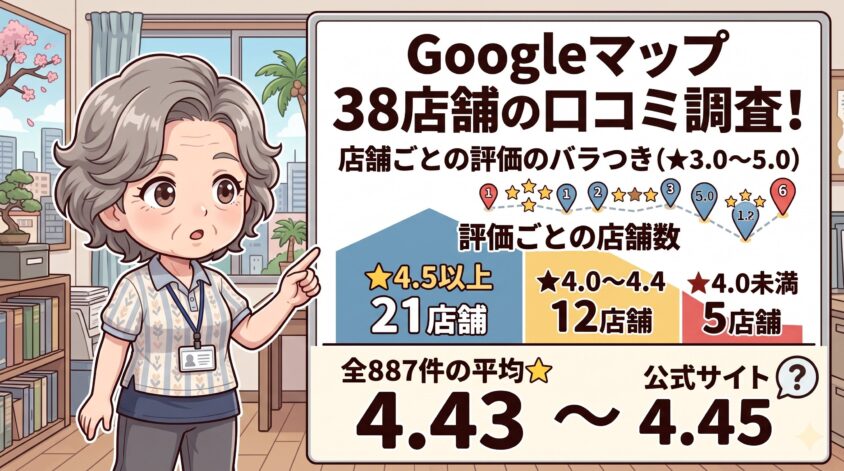 Googleマップでは、38店舗の評価が3.0〜5.0に分かれた