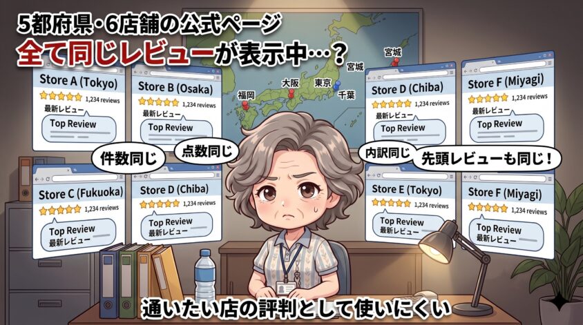 当サイトが確認した5都府県・6店舗のページで、同じレビューが表示されていた